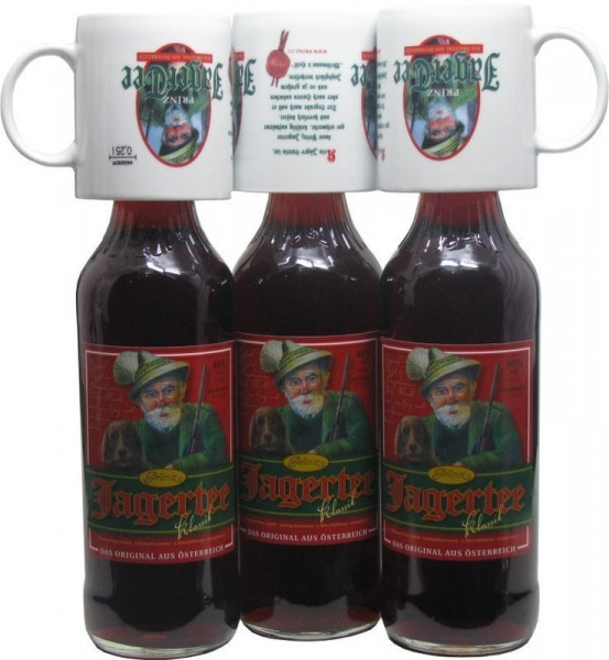 3 Flaschen Prinz Jager-Tee Waldbeere 40% vol. 1,0l + 3 Jagertee-Tassen 0,25l - Original Jagatee aus 