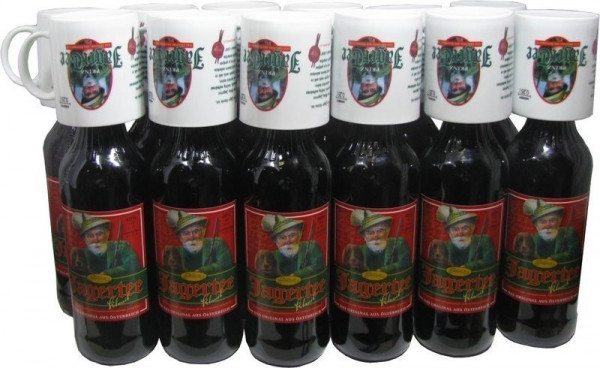 12 Flaschen Prinz Jager-Tee Waldbeere 40% vol. 1,0l + 12 Jagertee-Tassen 0,25l - Original Jagatee au