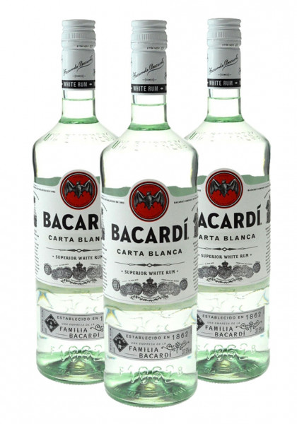 3 Flaschen Bacardi Light Dry 1,0l - weisser Rum