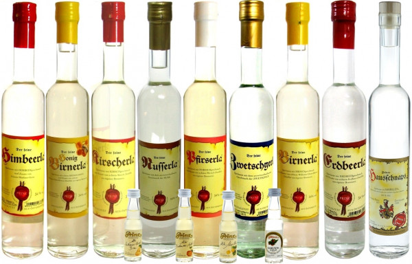 Prinz Probierpaket 1: 9 Flaschen 34%ige Schnäpse 0,5l + 4 Miniaturen (Marille, Birne, Apfel, Nuss) -