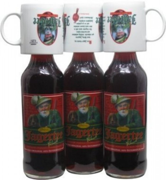 3 Flaschen Prinz Jager-Tee Kräuter 40% vol. 1,0l + 3 Jagertee-Tassen 0,25l - Original Jagatee aus Ös
