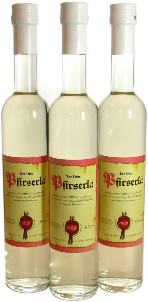 3 Flaschen Prinz Pfirserla 0,5l - feiner Pfirsichbrand aus Hörbranz in Österreich