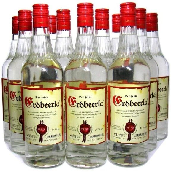18 Flaschen Prinz Erdbeerla (Erdbeerschnaps) 1,0l + 4 Gläser aus Hörbranz in Österreich - 5,9% Rabat