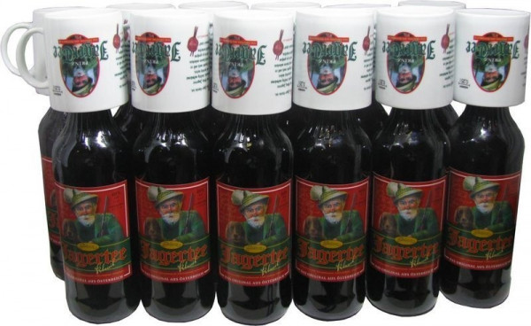 12 Flaschen Prinz Jager-Tee Kräuter 40% vol. 1,0l + 12 Jagertee-Tassen 0,25l - Original Jagatee aus 